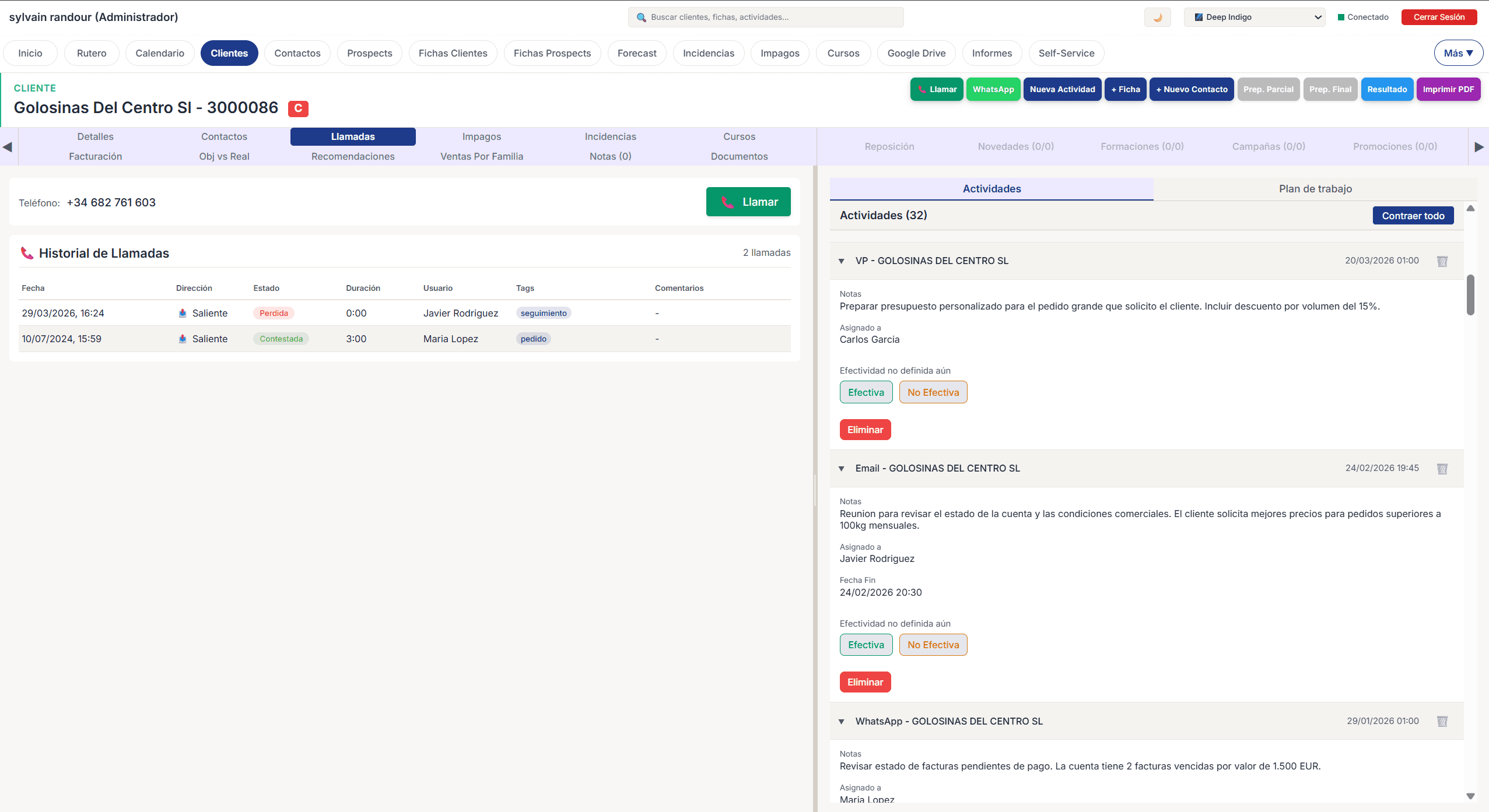 Historial de actividades del cliente en formato acordeon con timeline interactivo y historial de llamadas AirCall. GoAgenticCRM esta integrado con AirCall, todo se guarda automaticamente.
