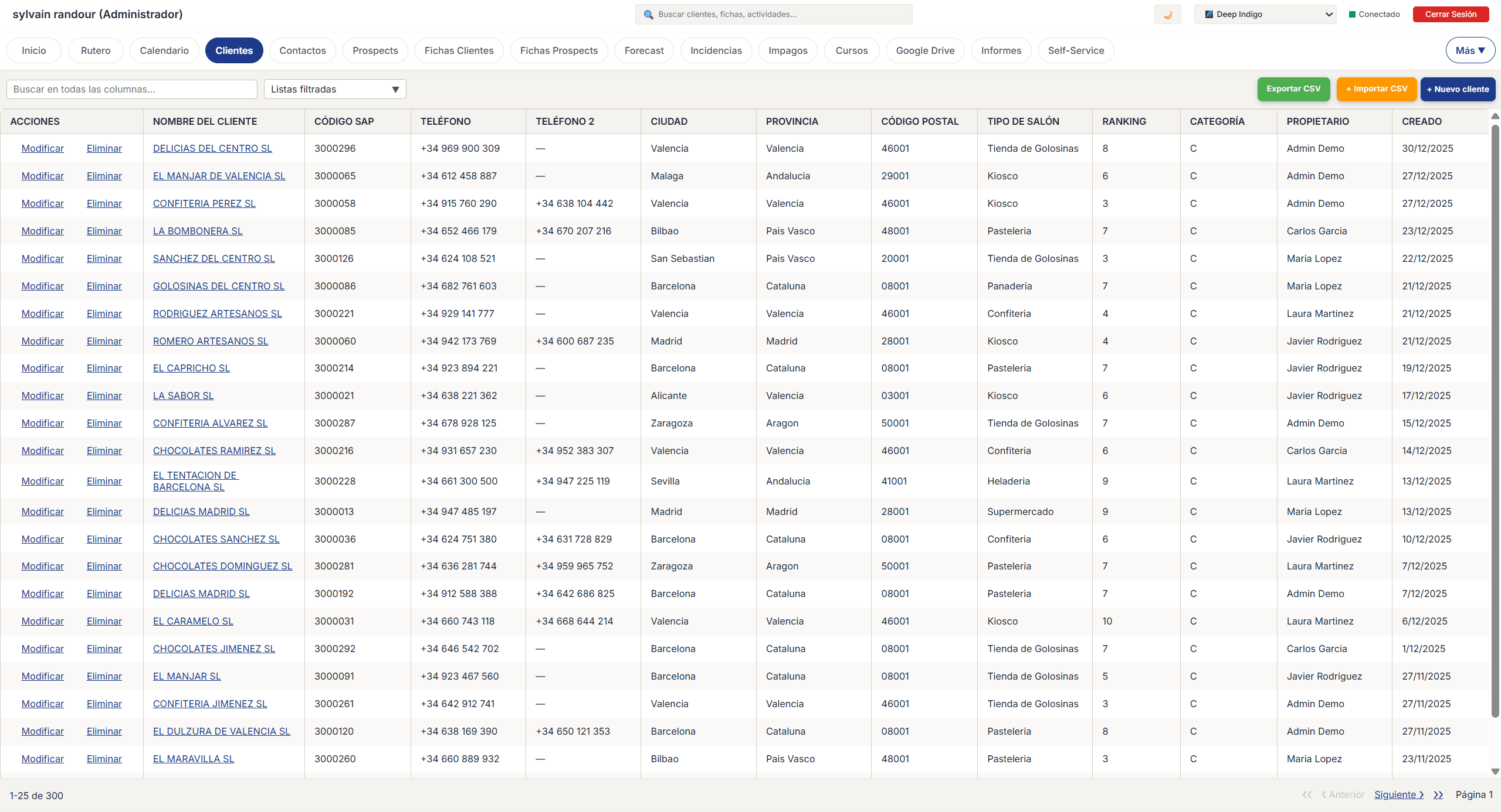 Todas las entidades (clientes, prospects, incidencias, etc.) tienen listas en las cuales se puede buscar directamente en todas las columnas. Tambien se pueden crear listas filtradas para reusarlas rapidamente.